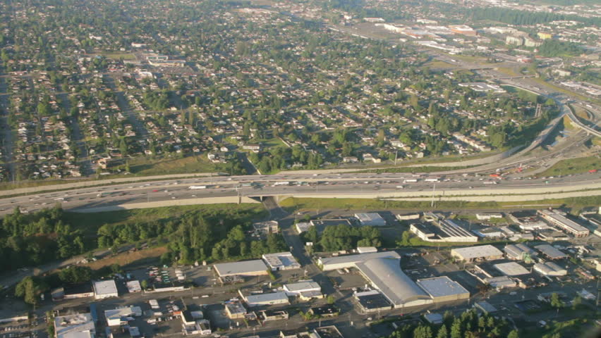 Aerial perspective of interstate commuter traffic on clear, early morning
