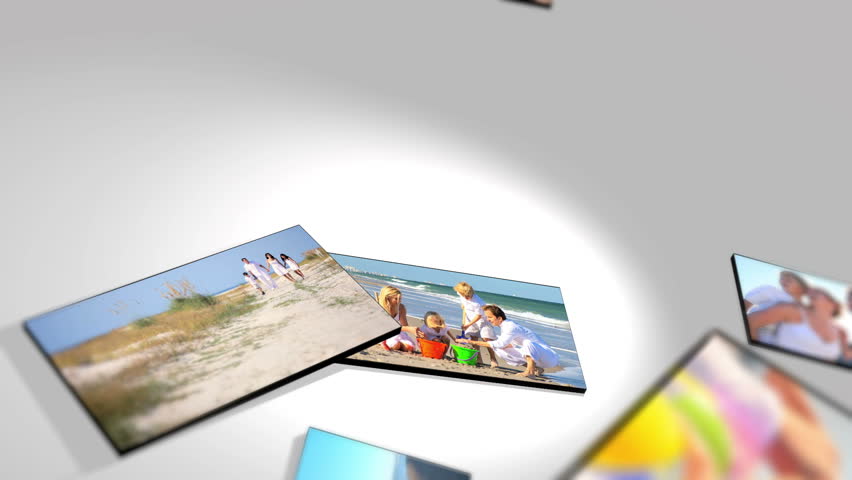 Montage collection fly through 3D flat screen tablet images Caucasian family group enjoying beach activity