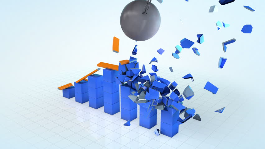 Growing bar graph destroyed by wrecking ball 
