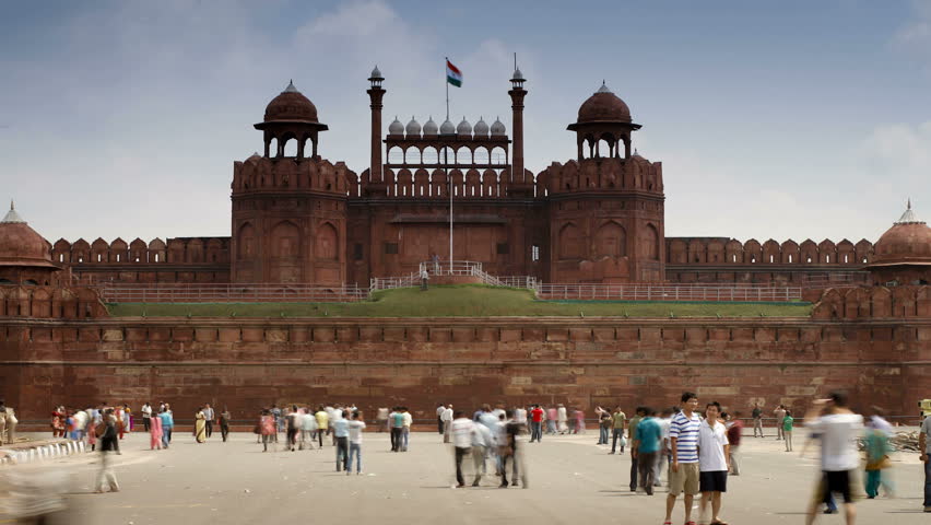 OLD DELHI, INDIA - CIRCA MAY 2011: The Lahore Gate, the red sandstone main gate to the Red Fort, UNESCO World Heritage Site in the daytime