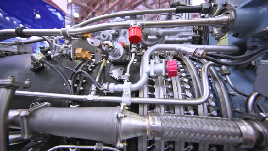 Engine of helicopter stands at exhibition of helicopter industry
