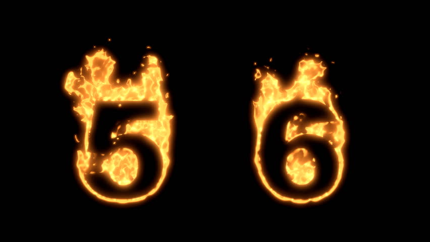 Flaming Alphabet. Numbers 5 and 6 bursting into flames. Part of a series an alphabet, numbers and other characters.