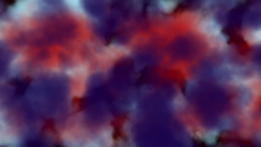 Blue, red colors, cloud-like forms changing shape and moving.