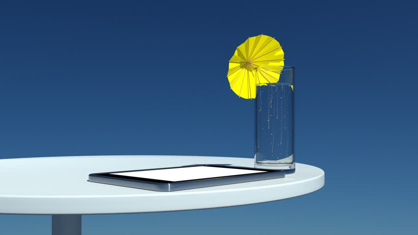 Generic tablet computer with a 16x9 white screen in a vacation situation. Sunshine, drink and blue sky setting.