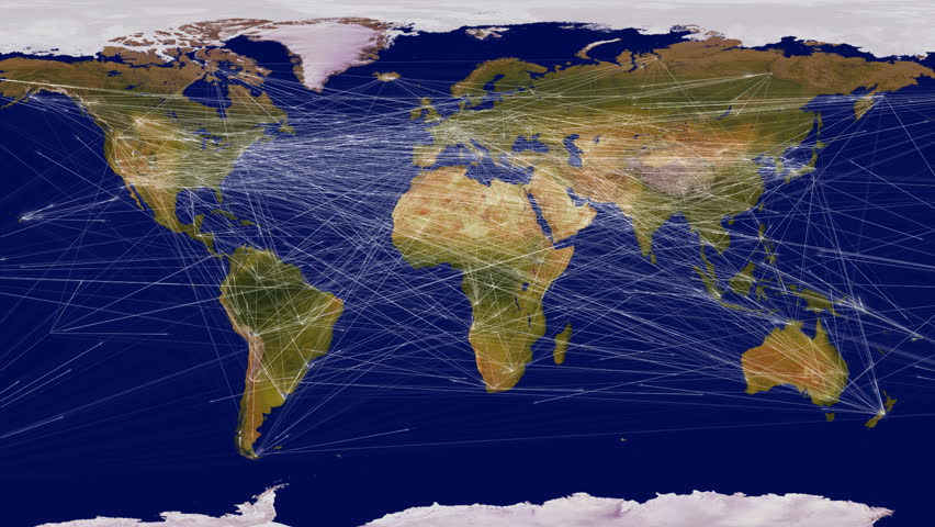 Visualization of communications traffic between the main cities of the world on a flat map.