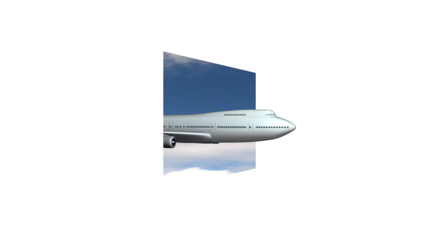 747 Jumbo jet flies out of a rectangle of blue sky. Large white border.