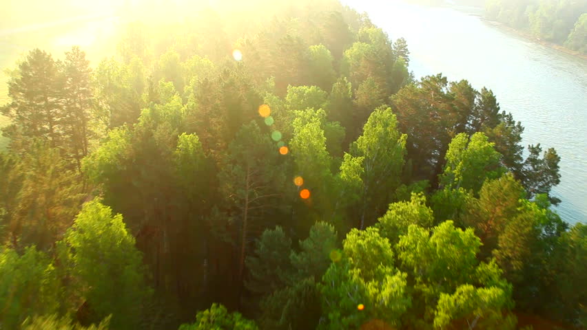 flight above mountain river