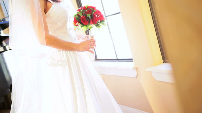 Portrait beautiful Caucasian bride in traditional wedding dress and veil