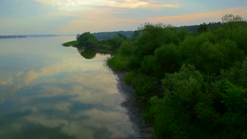 flight above beautiful lake