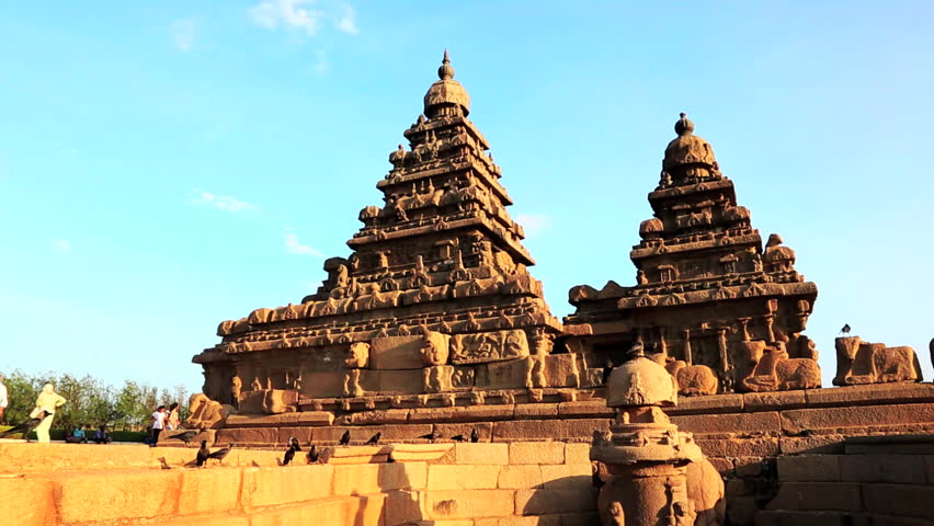 TAMIL NADU, INDIA - JUNE 2012: Locked-on shot of a temple, Shore Temple, Mahabalipuram, Kancheepuram District, Tamil Nadu, India