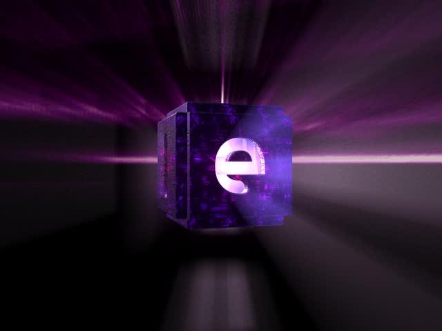 Motion graphic design of an animated cube with letters punched out and volumetric light streaming through the holes.