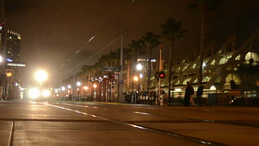 SAN DIEGO, CALIFORNIA-CIRCA 2011-San Diego's Orange Line Trolley leaving the National Historic District in the Gaslamp Quarters in San Diego, California.