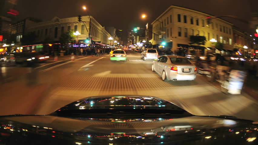 SAN DIEGO, CALIFORNIA-CIRCA 2011-Point of view time lapse driving through the National Historic District in the Gaslamp Quarters in San Diego, California.