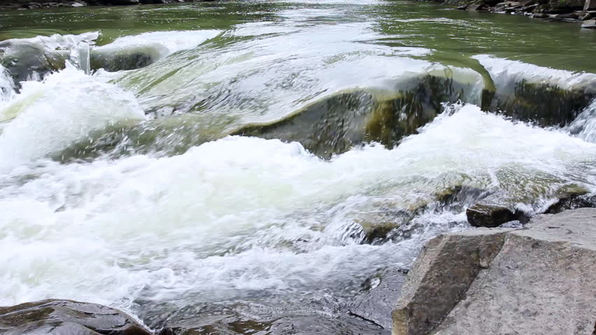 fast mountain river running through large stones, panorama right to left