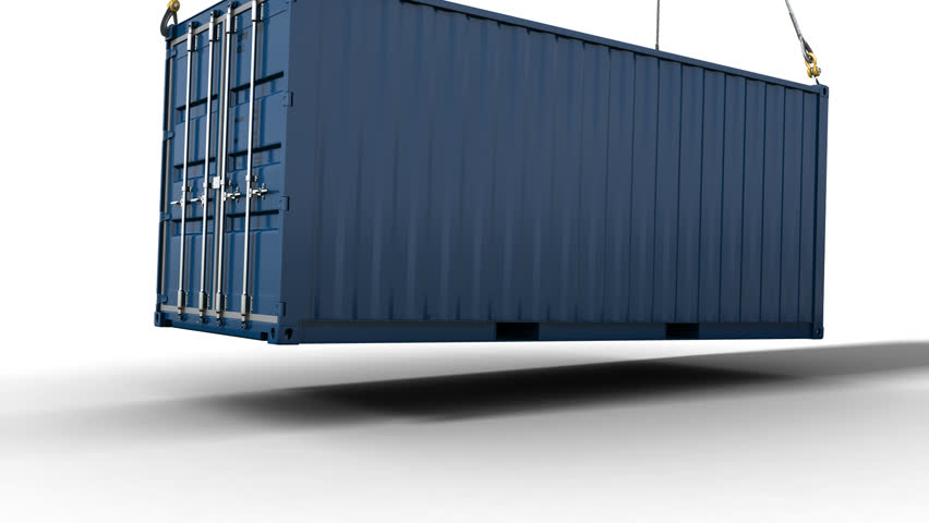 Container Blue with alpha, lowering down of a shipping container attached to wires from a crane or helicopter. The clips includes an alpha  & shadow pass. For integration into live action material.

