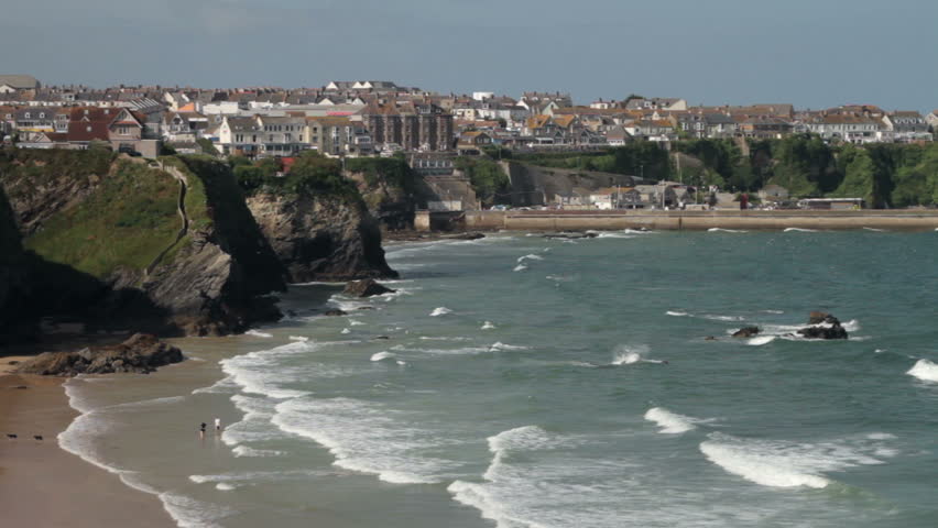 Overall view of Great Western beach and waves, Newquay, Cornwall, England