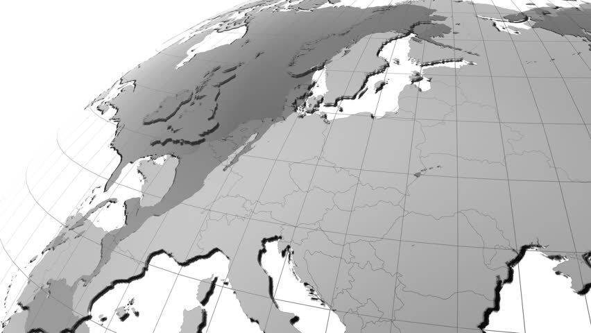Earth globe with transparent oceans and very detailed texture map. Zoom to Europe. Actual political borders. HD 1080p.