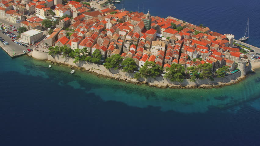 Aerial helicopter shoot of Korcula old town. Dubrovnik archipelago