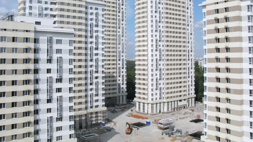 MOSCOW - AUG 6: (Timelapse View) Housing estate Ekopark Elk Island (Losiniy Ostrov) stands against blue sky, builder Donstroy, on Aug 6, 2012 in Moscow, Russia