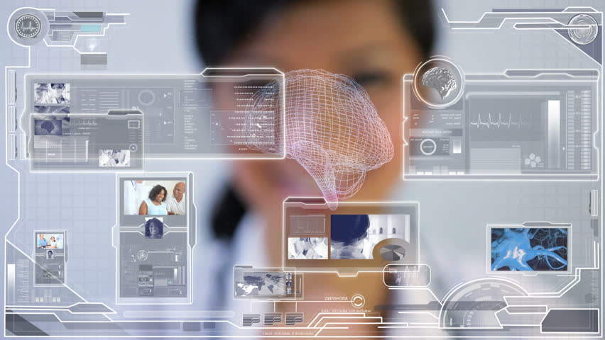 Medical science touchscreen graphic technology being accessed by female Asian doctor in a modern medical facility