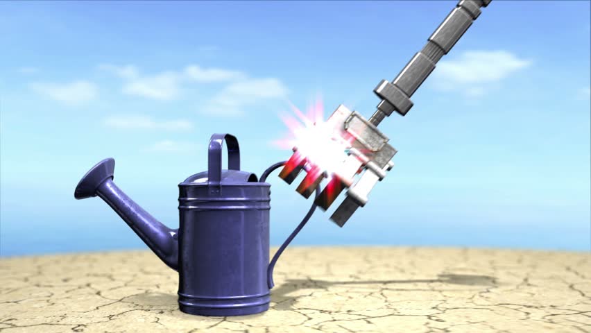 animated ecology conceptual background with watering can, flowers and industrial automate