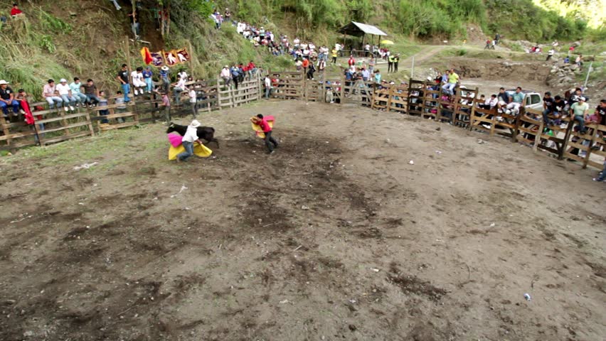 BANOS DE AGUA SANTA,ECUADOR - 28 OCTOBER 2012:Improvised bullfights for the city ceremony gives people the opportunity to try out their skills in bullfighting