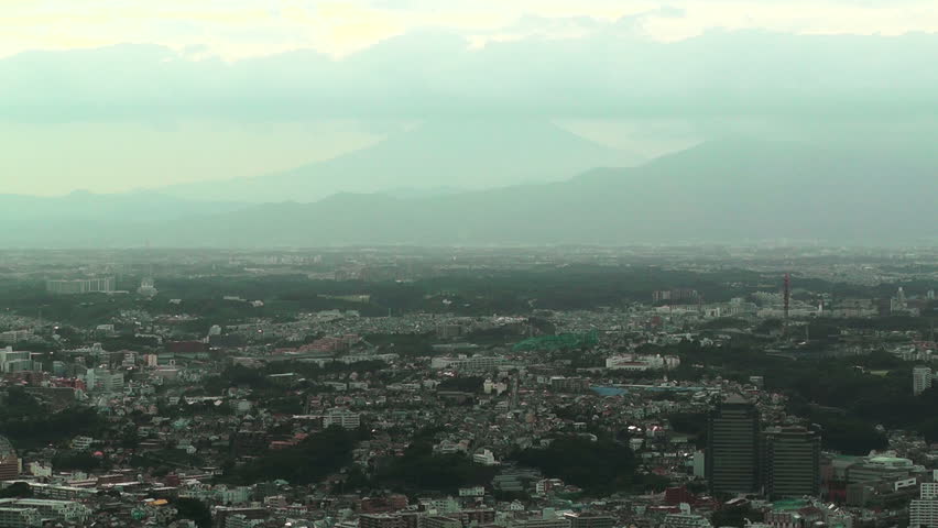 Mount Fuji View in strong smoggy haze over Yokohama Japan