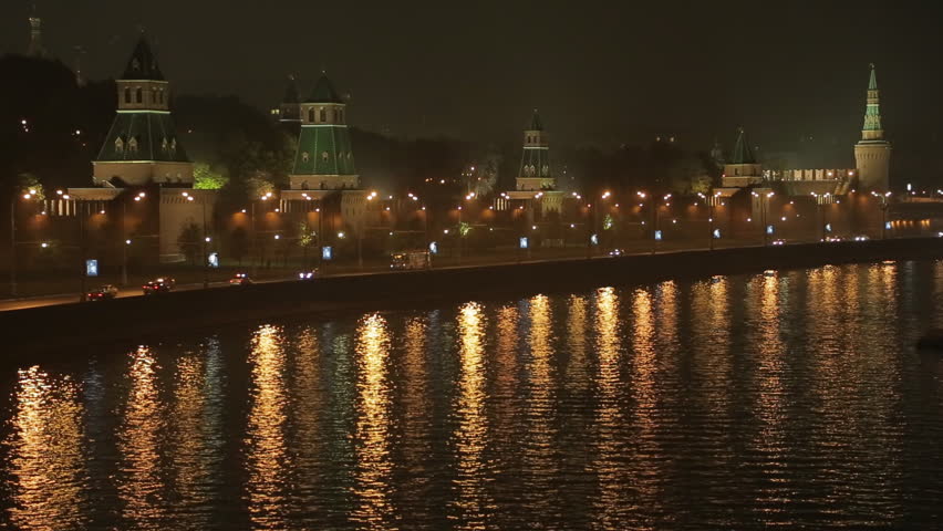 night view on the Kremlin embankment. Moscow, Russia, time lapse