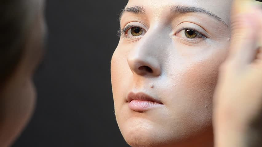 Make-up artist applying cosmetics on a woman face
