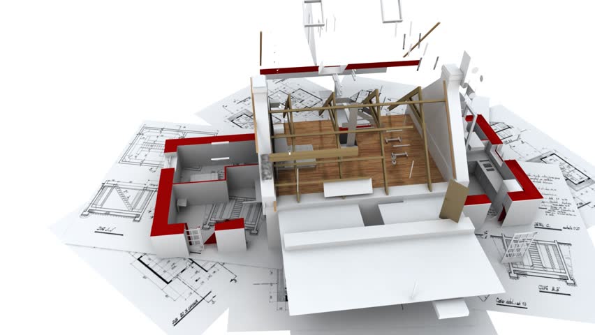 3D animation showing a home construction process, from the blueprints to the roofing installation.