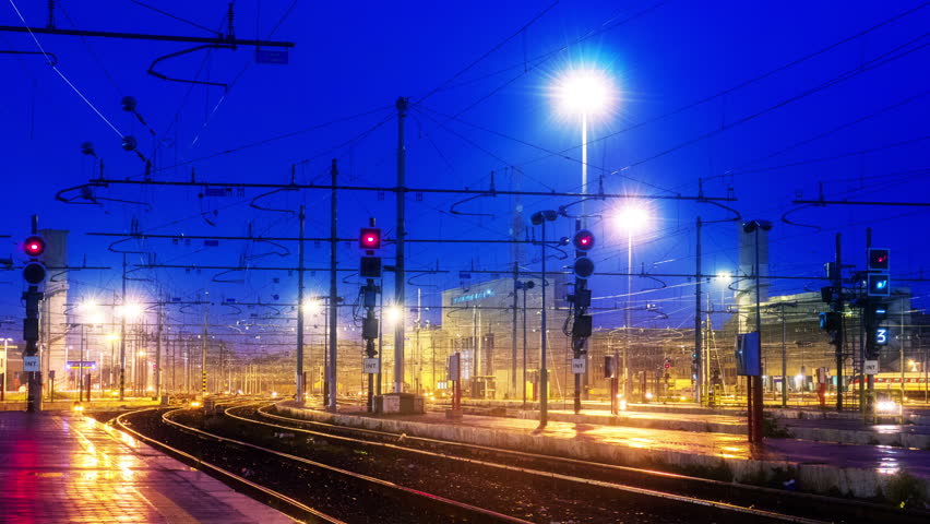 Rome Termini Train Station timelapse with zoom, railroad tracks