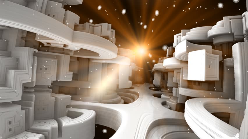 The city-mirage in weightlessness. Loop animated flight in 3D scene. 