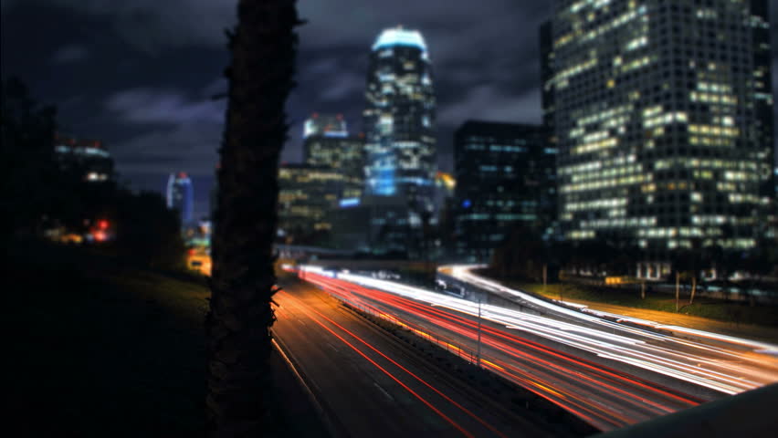 Panning Night Highway Traffic Los Angeles Downtown