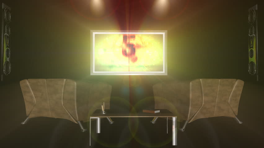 Grunge film leader countdown on flat screen,reflectors light interior room,zoom in,projector sound included