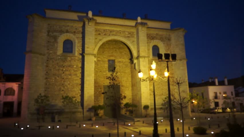 Night view of Church of the Assumption (La Parroquia de Ntra. Sra. de la Asuncion 16th century), Aracena, Huelva province, Andalusia, Spain