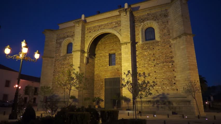 Night view of Church of the Assumption (La Parroquia de Ntra. Sra. de la Asuncion 16th century), Aracena, Huelva province, Andalusia, Spain