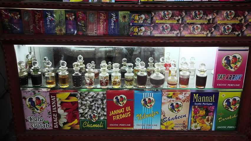 INDIA - AUGUST 2012: Locked-on shot of perfumes bottles in a shop, Hyderabad, Andhra Pradesh, India