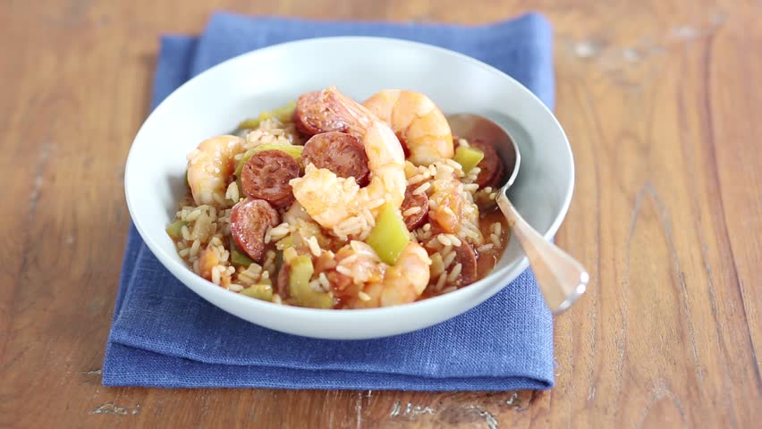Jambalaya (Creole rice stew with prawns and sausage)