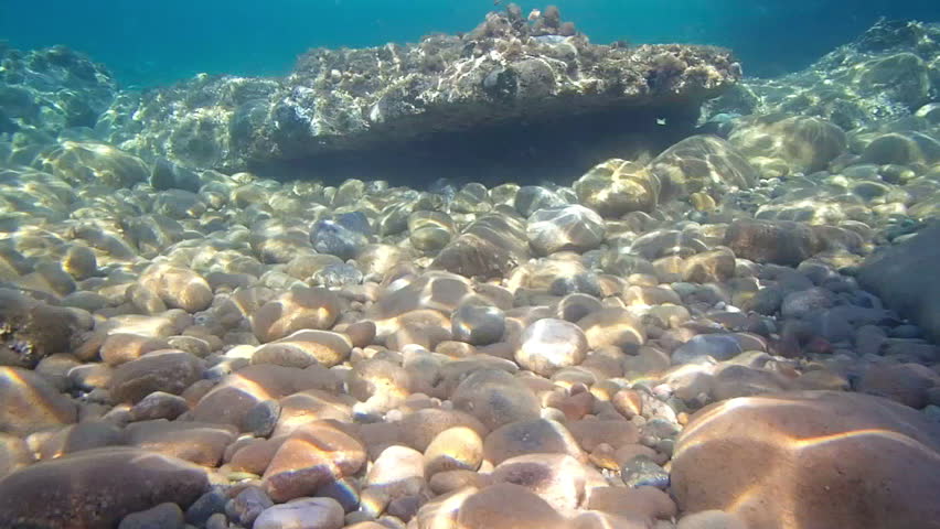 Underwater view of sunlight reflecting off rocks