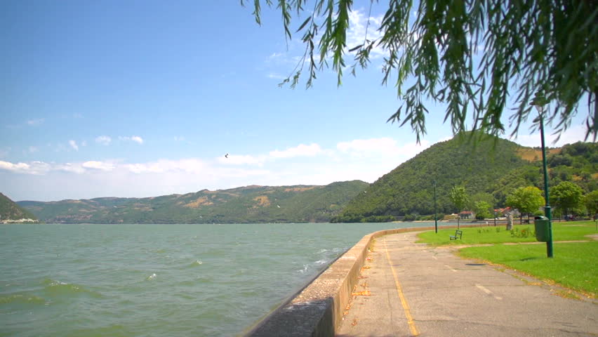 SUPER 35MM CAMERA - Peaceful look at the Danube bay from Donji Milanovac towards Romania border. Pedestrain path and willow tree with wind blowing wildly 