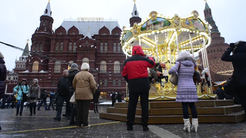 MOSCOW, RUSSIA - DECEMBER 29: Marche de Noel de Strasbourg a Moscow - The real Strasbourg Christmas market takes place in Moscow in front of the buildings of State Historical Museum and the Kremlin. 