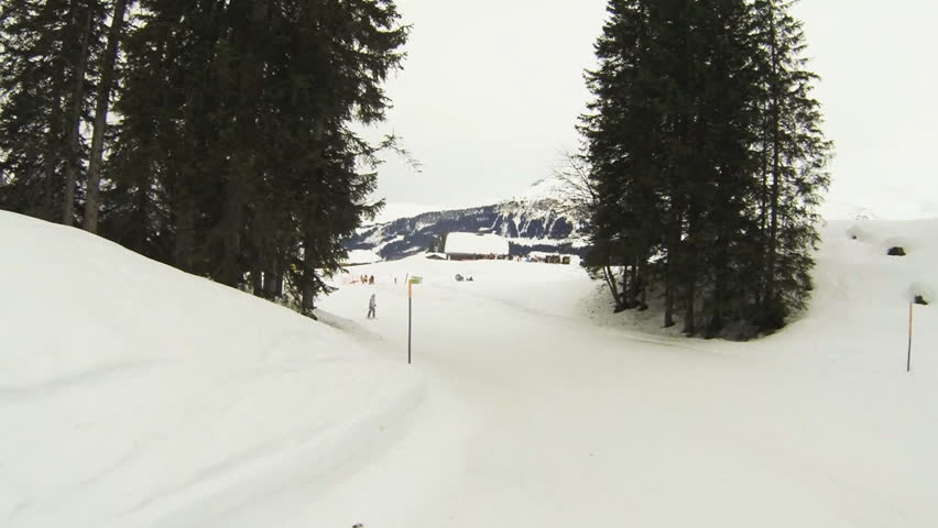 Slowmotion action cam shot of a ski track. Snowboard POV