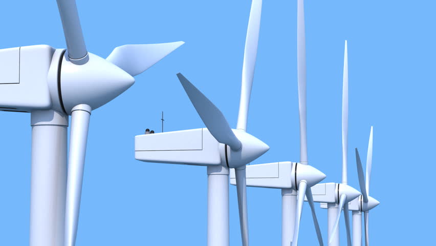 Row of wind power generators on blue background