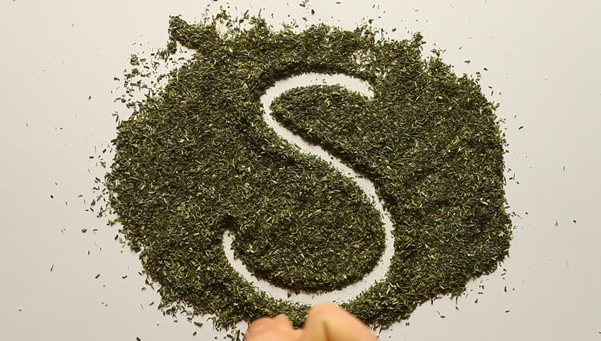 Young adult woman makes dollar symbol in dry dill.
