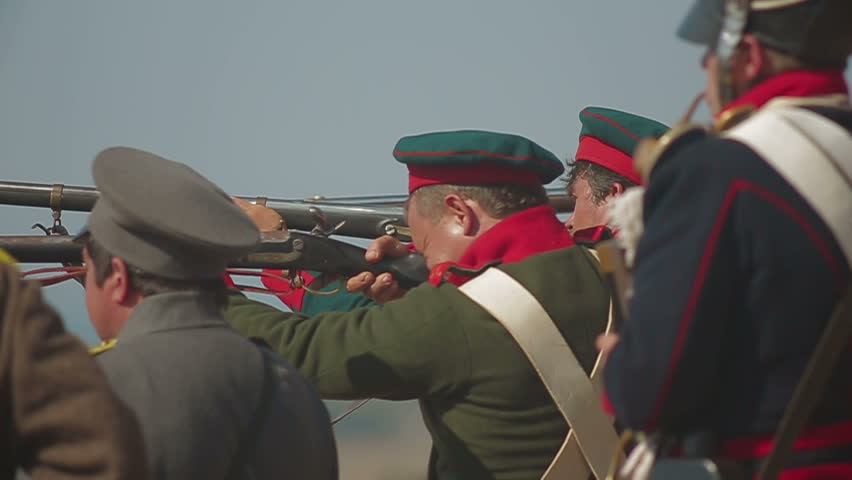 CRIMEA, UKRAINE â SEPTEMBER 29, 2012: Fusillade on the battlefield during reenactment of Battle of Alma (Crimean War 1853 - 1856) on a historical festival in Crimea. Slow motion.