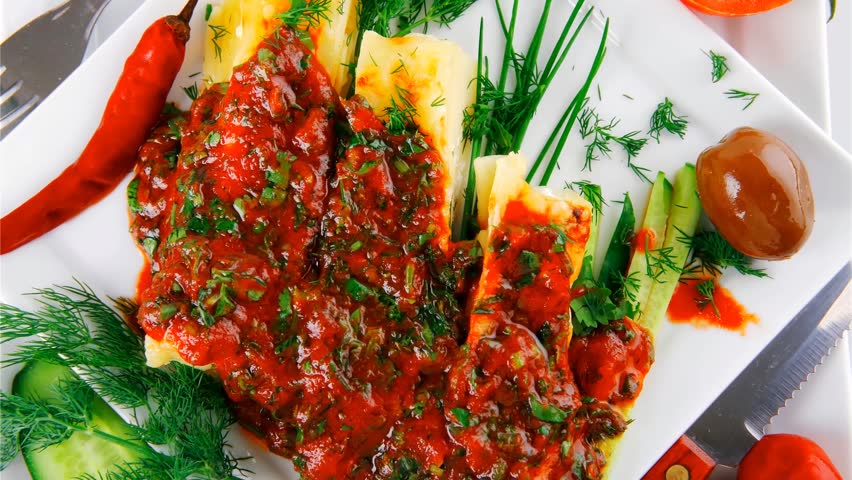 cannelloni in yellow cheese served on square white plate hidef slow motion intro