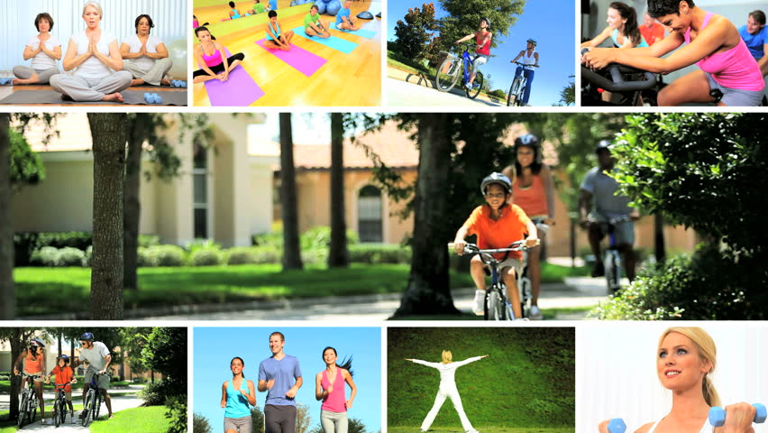 Montage images young people, seniors and families enjoying physical exercise yoga indoors and outdoors
