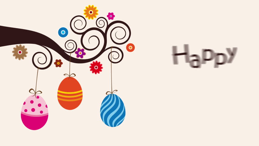A tree branch is popping into the screen with 3 Easter eggs swiveling from it, flowers grow on the branch and "happy Easter" title moves in. Includes matte for easy compositing.