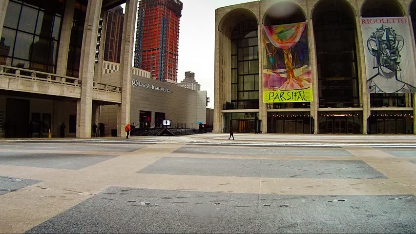 NEW YORK - FEBRUARY 8: Time Lapse of Fashion Week Tents with people coming and going in Lincoln Center in New York City on February 8, 2013.