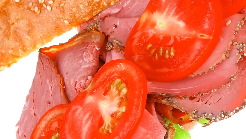 french sandwich : fresh white baguette with smoked sausage hidef slow motion intro